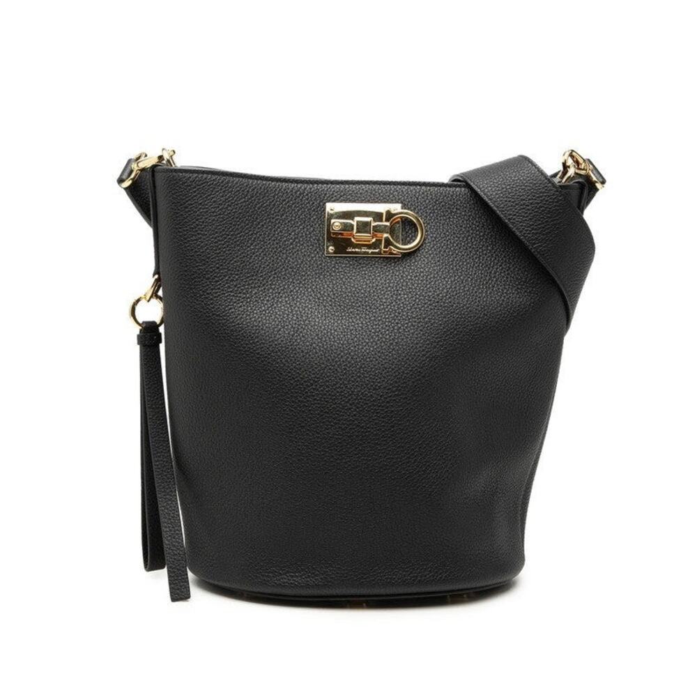 Salvatore Ferragamo Gancini Bucket Leather Shoulder Bag Black